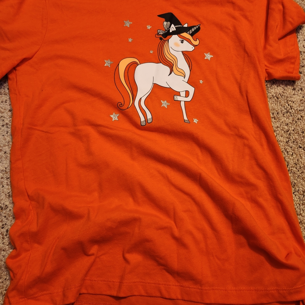 Orange T-Shirt with Unicorn and Witch Hat